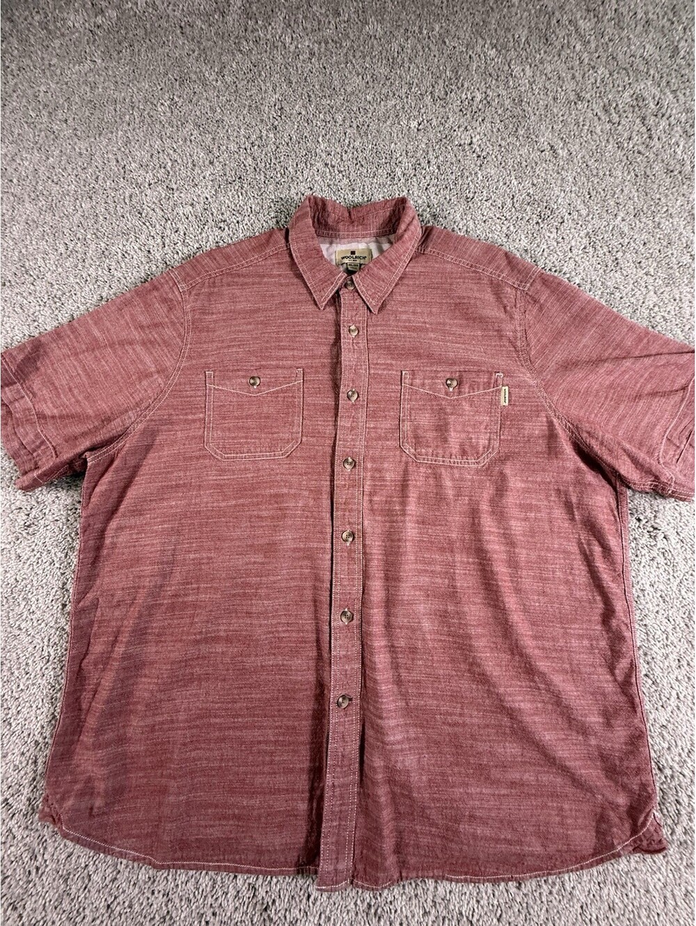 Woolrich Shirt Mens 2XL Red 100% Cotton Short Sleeve Pockets Classic Button-Up